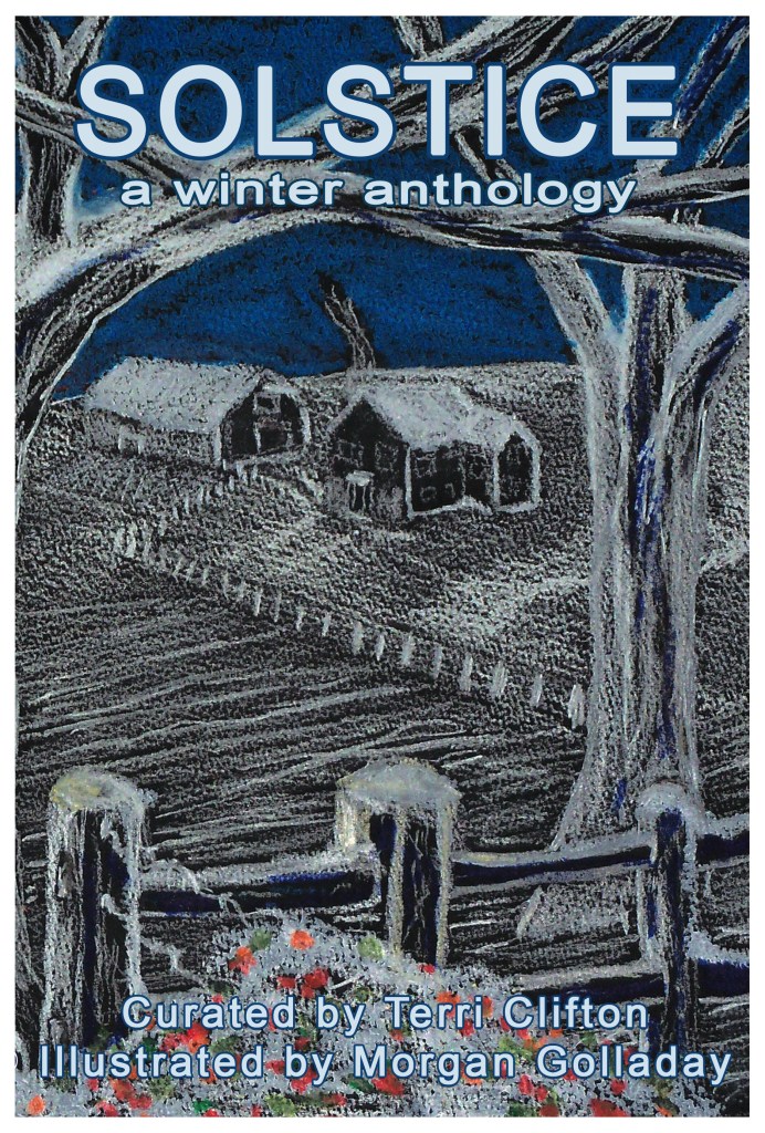 cover of solstice featuring a chalk drawing of a farmhouse
