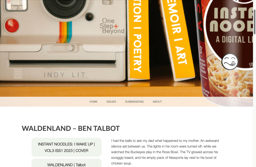Copy of the page showing the start of Ben Talbot's short story. The image shows the first paragraph of Ben's story, and the Instant Noodles' header.